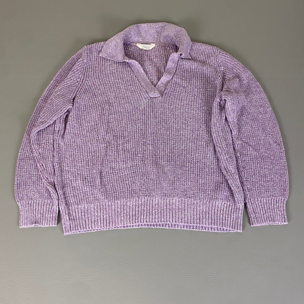 Time and Tru Sweater Large Purple Heathered‎ Knit Collared V Neck Pullover *Flaw